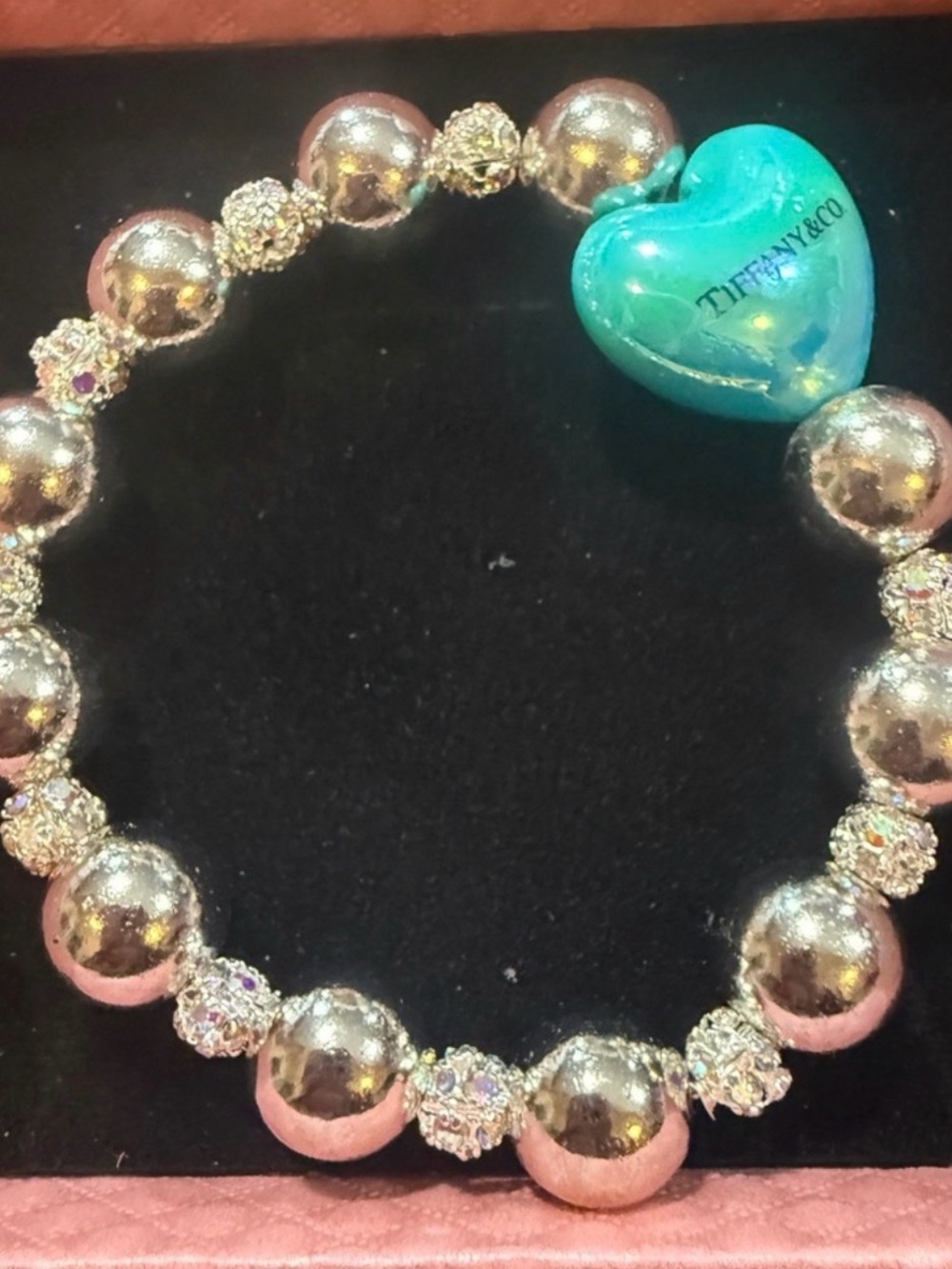 Tiffany & Co. Silver Bead Bracelet with Turquoise Heart Charm